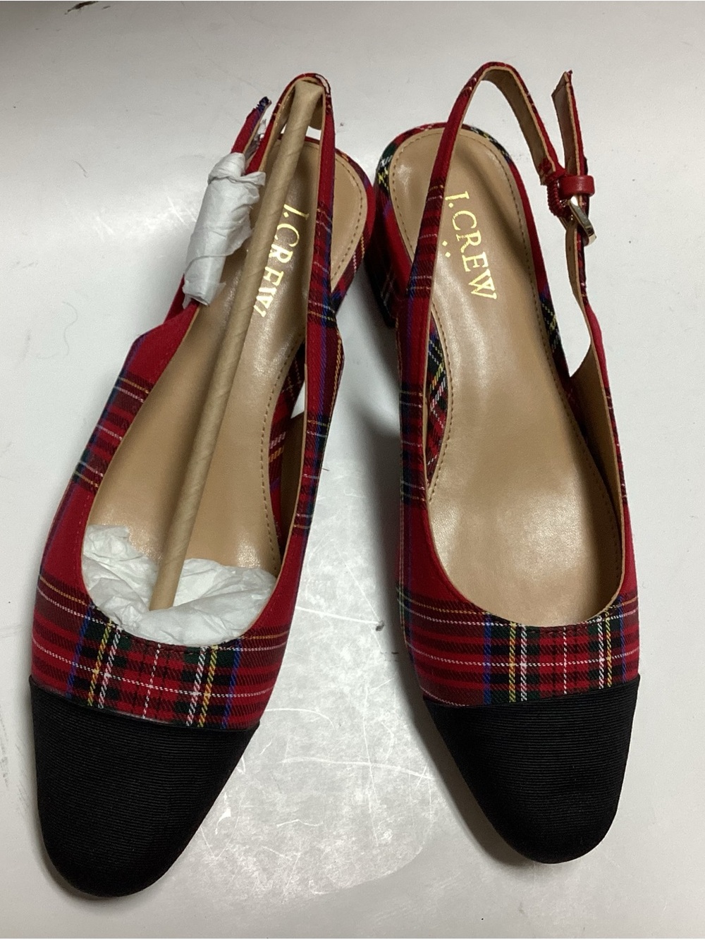 J. Crew Red Tartan Slingback Flats with Black Cap Toe
